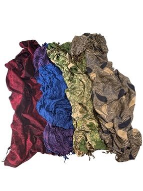 Set of Four Assorted Patterned Scarves - Red, Blue, Green, Taupe